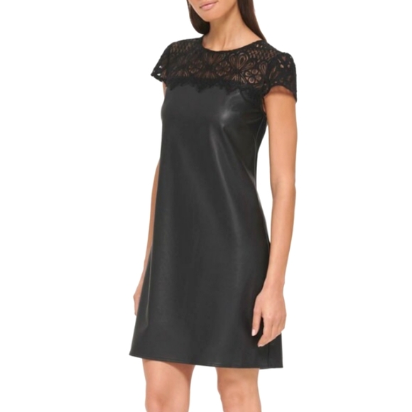 Kensie Dresses Lace Cap Sleeve Faux Black Leather Evening Plus Size Dress 16 - Picture 1 of 8